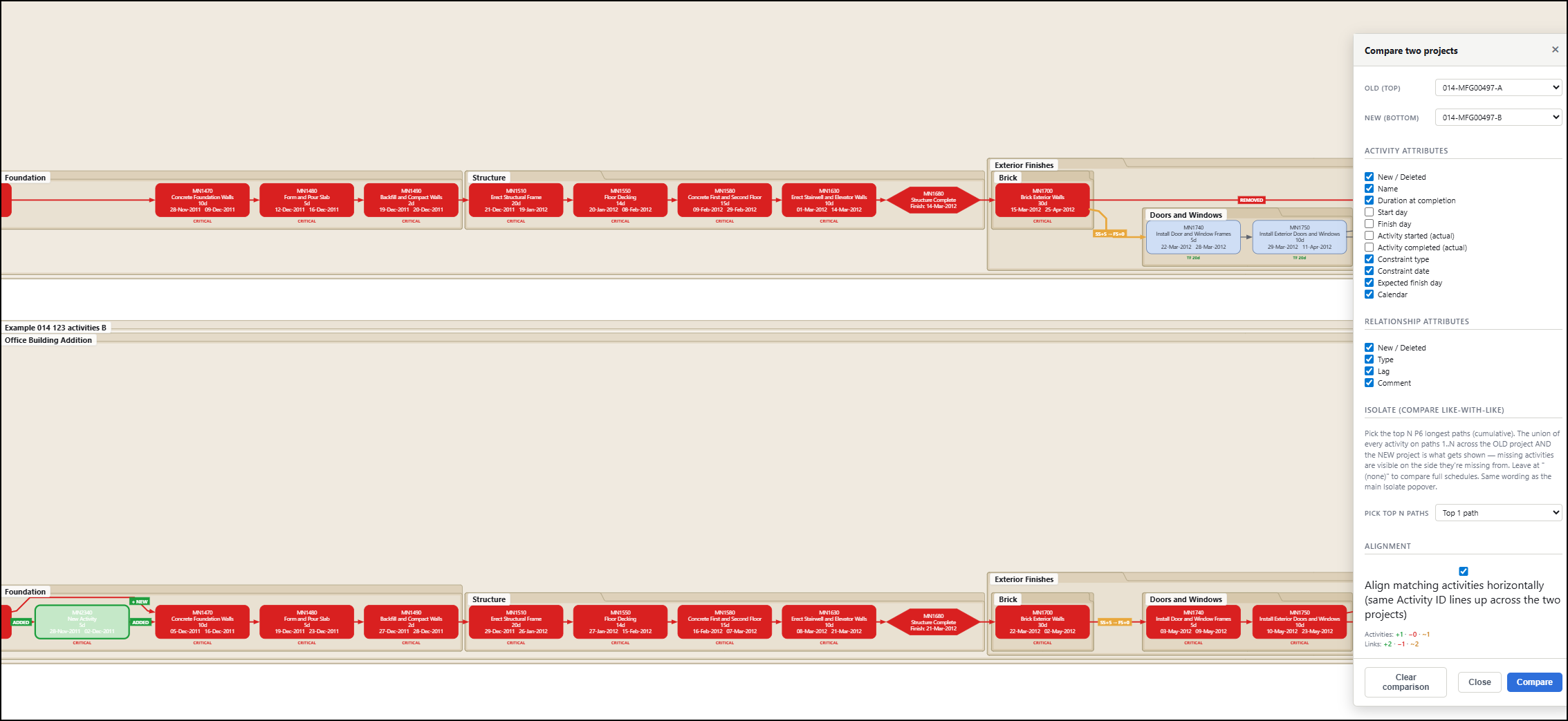 LogicReader Compare module: two revisions of a schedule side-by-side.